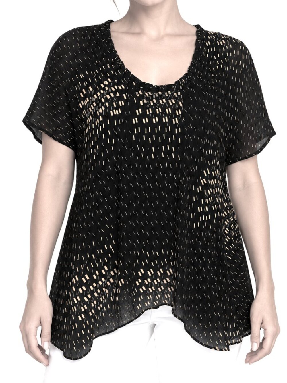 Joie 100% Silk Ruffle V-Neck Blouse 0 EUC Black Cream Abstract Dash Print Top